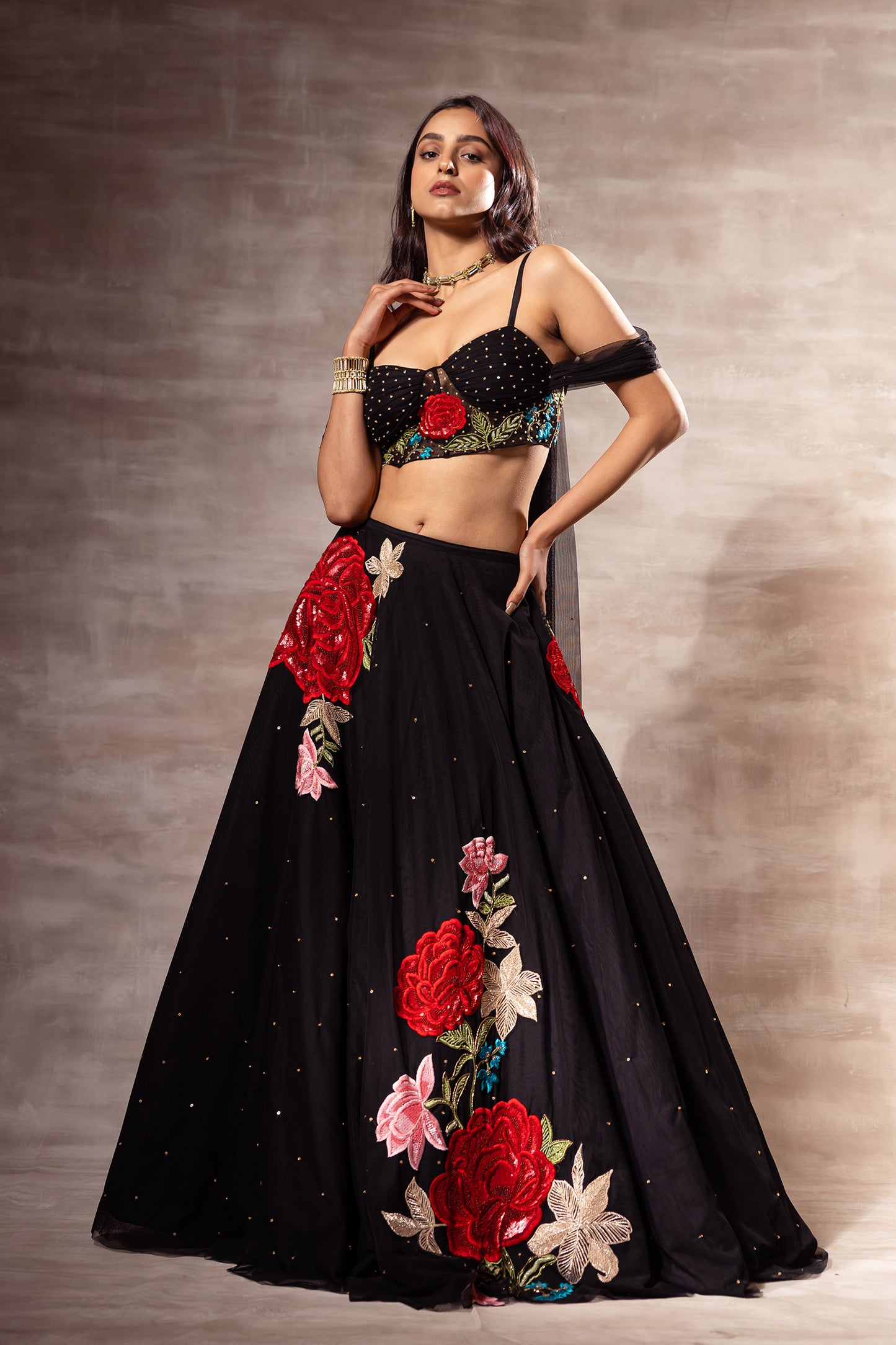 Red Rose Black Embroidered Lehenga