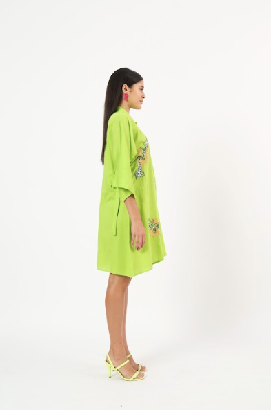 Green giraffe dress with sequin embroidery