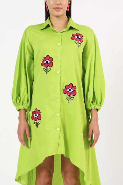 Green dress with floral embroidery