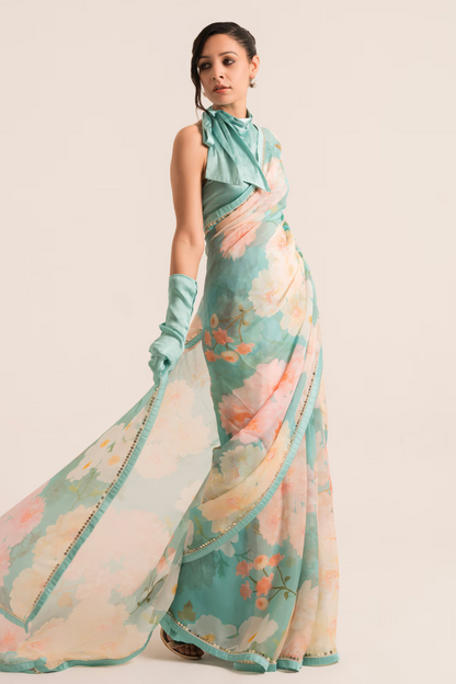 Blue Floral Print Saree