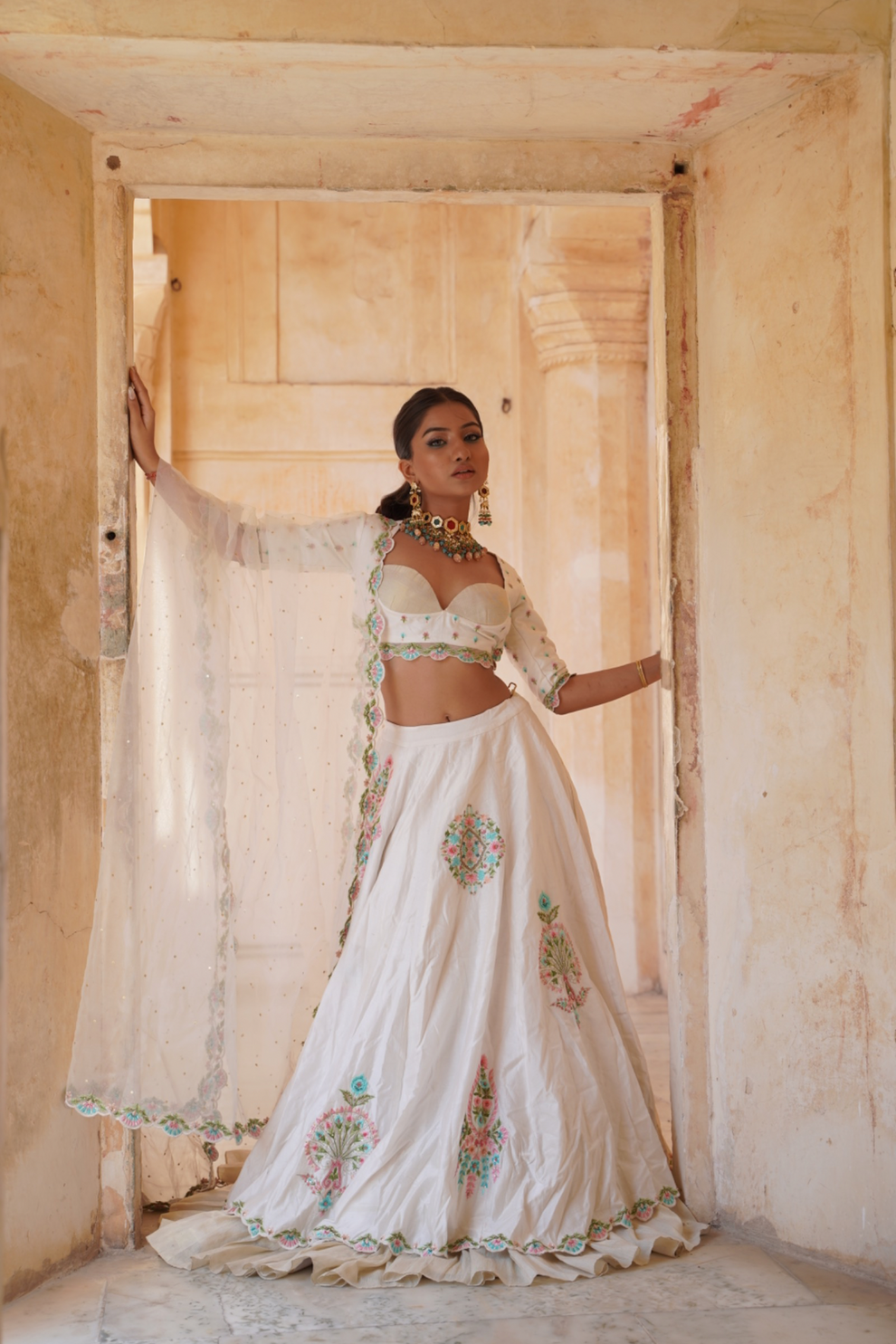 Ivory Embroidered Lehenga Set with Nature Motifs