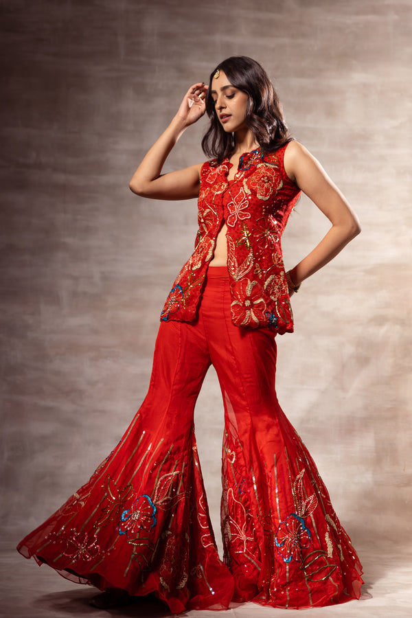 Red Floral Abstract Jacket & Sharara Set – Ruhr India