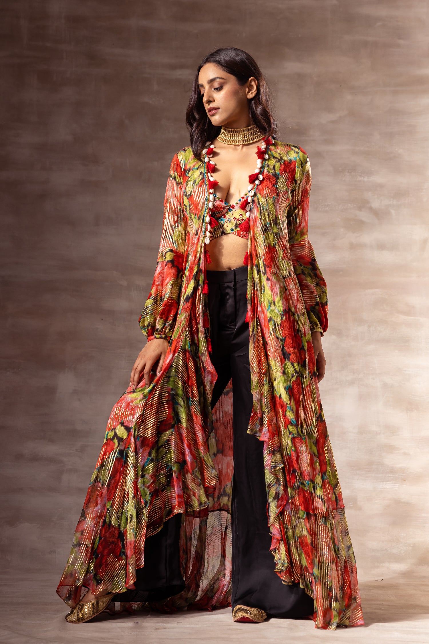Red Ruhr Red Rose Shrug with Ruffles and puffed sleeves – Ruhr India