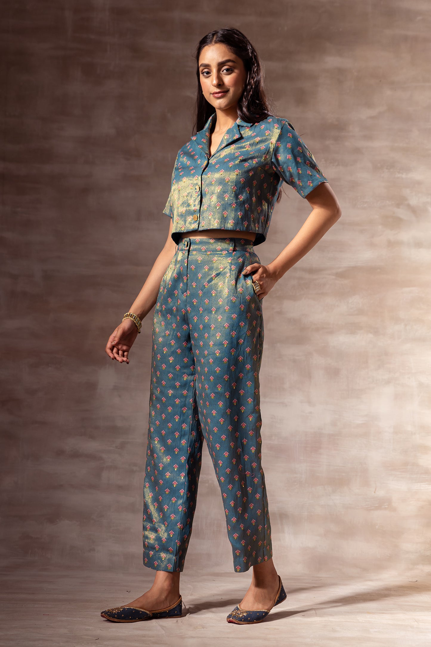 Teal Blue Metallic Crop Shirt