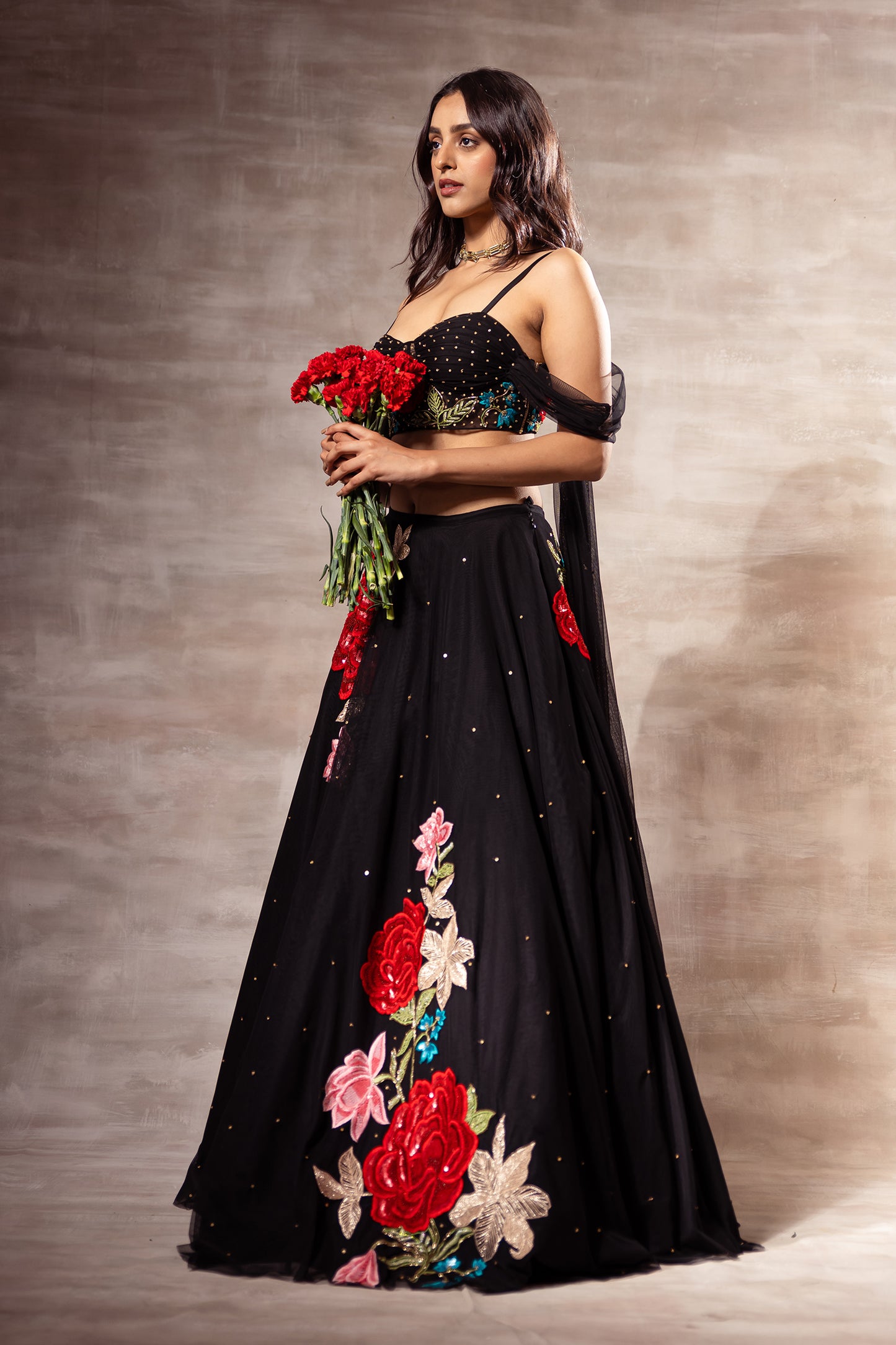 Red Rose Black Embroidered Lehenga