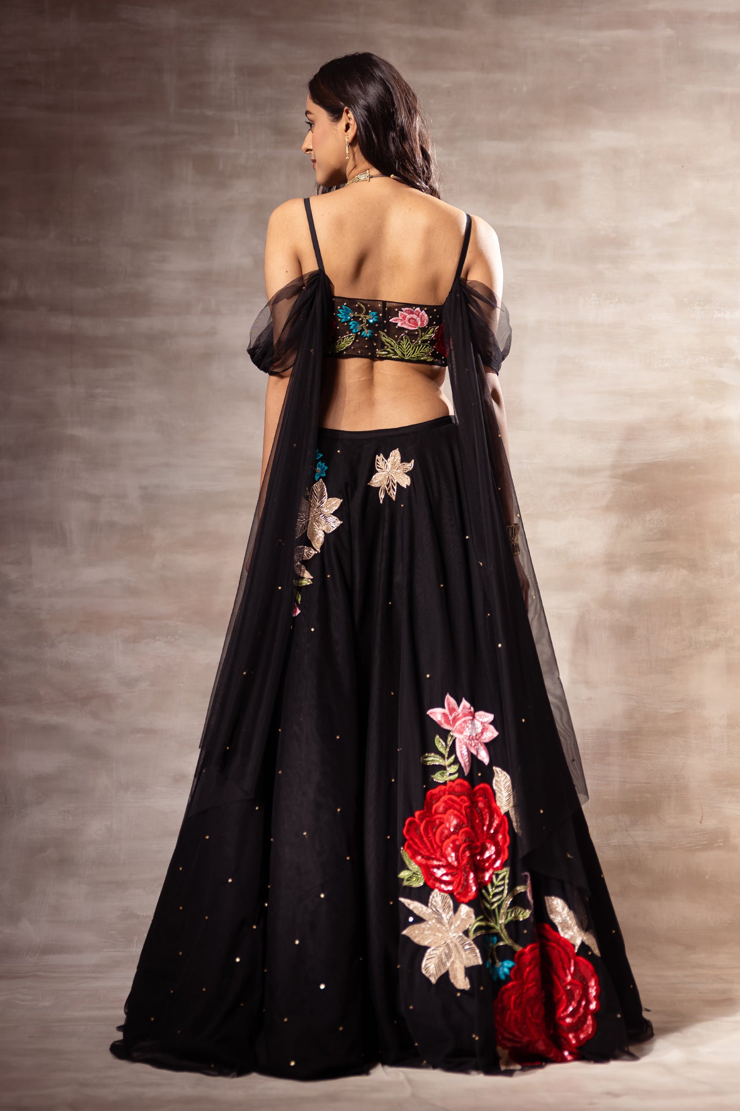 Red Rose Black Embroidered Lehenga