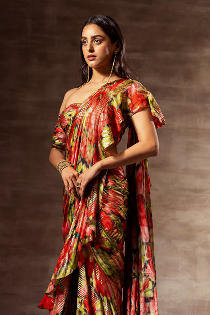Red Ruhr Red Rose Ruffle Pre-draped Saree – Ruhr India