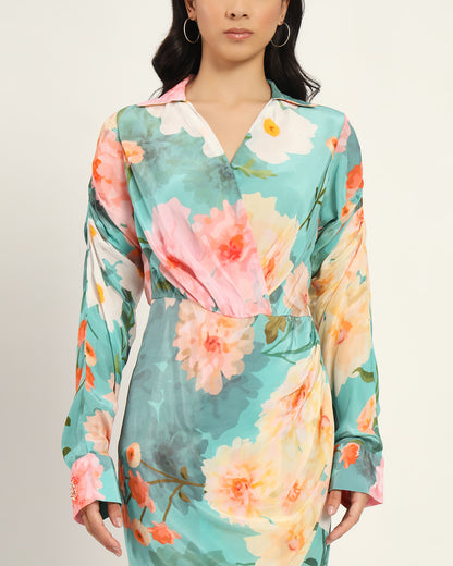 Pastel blue floral draped Dress