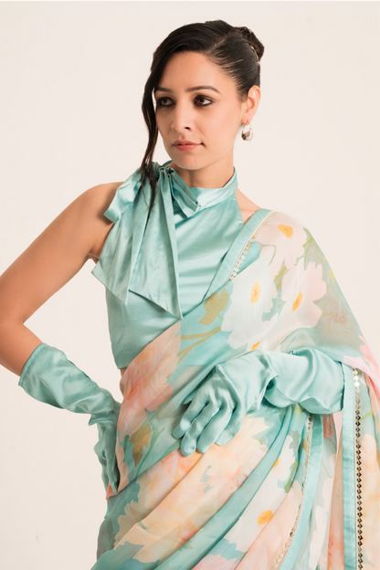 Blue Floral Print Saree