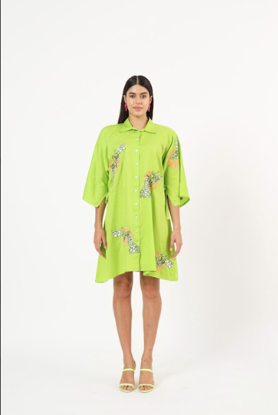 Green giraffe dress with sequin embroidery