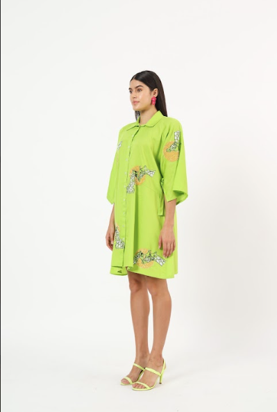 Green giraffe dress with sequin embroidery