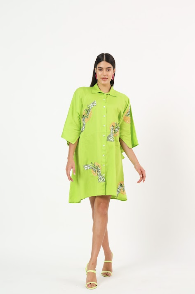 Green giraffe dress with sequin embroidery