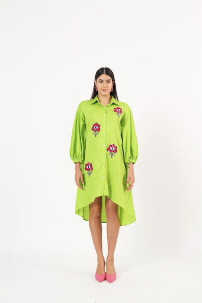 Green dress with floral embroidery