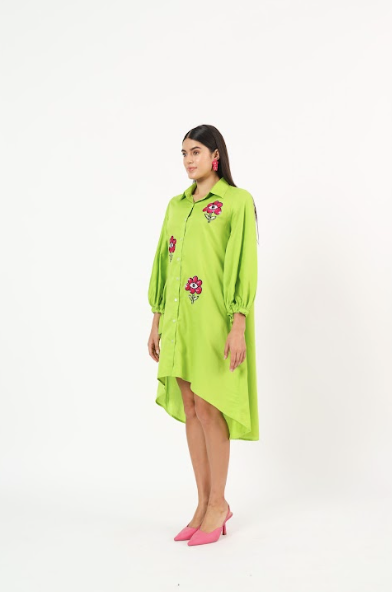 Green dress with floral embroidery