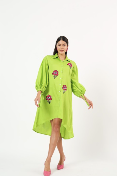 Green dress with floral embroidery
